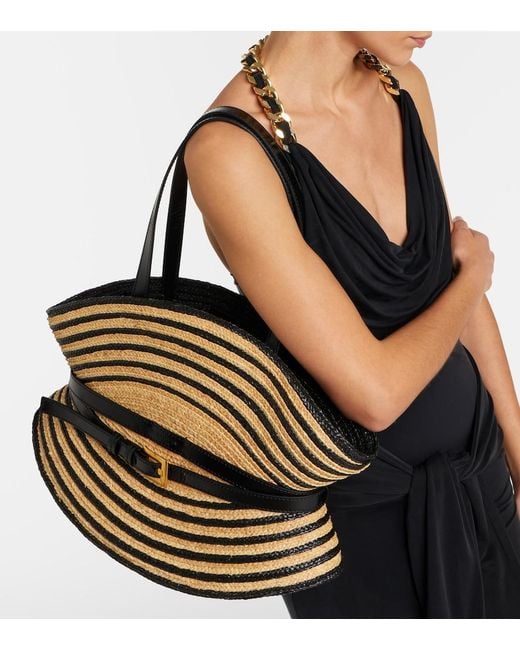 Balmain Black Raffia-Effect Striped Shoulder Bag
