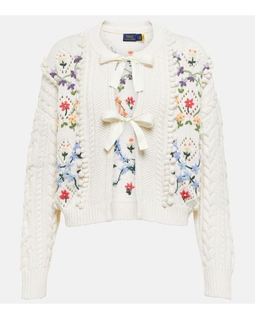 Polo Ralph Lauren Floral-embroidered Wool-blend Cardigan in White