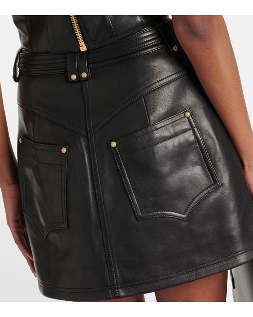 Balmain Black Belted A-Line Leather Miniskirt