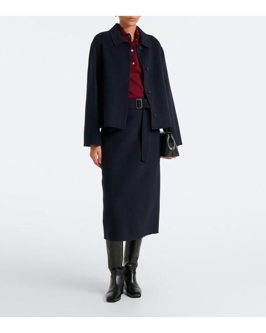 Max Mara Blue Belted Virgin Wool Midi Skirt