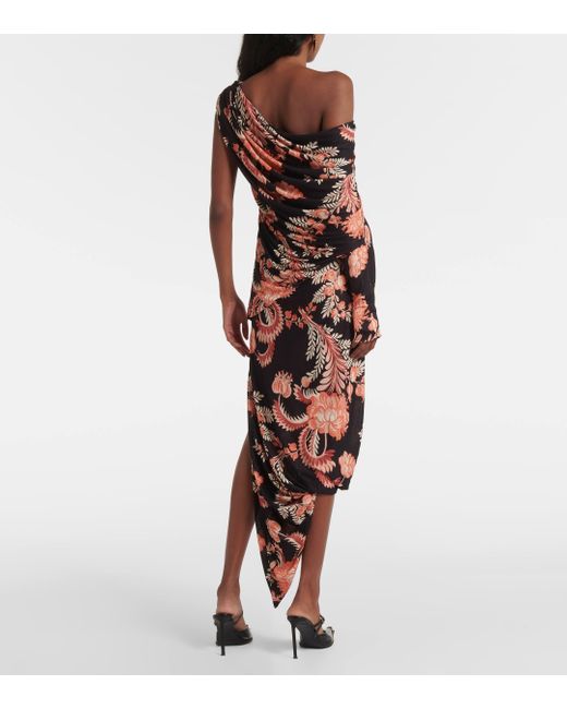 Etro Red Floral Draped Asymmetric Midi Dress