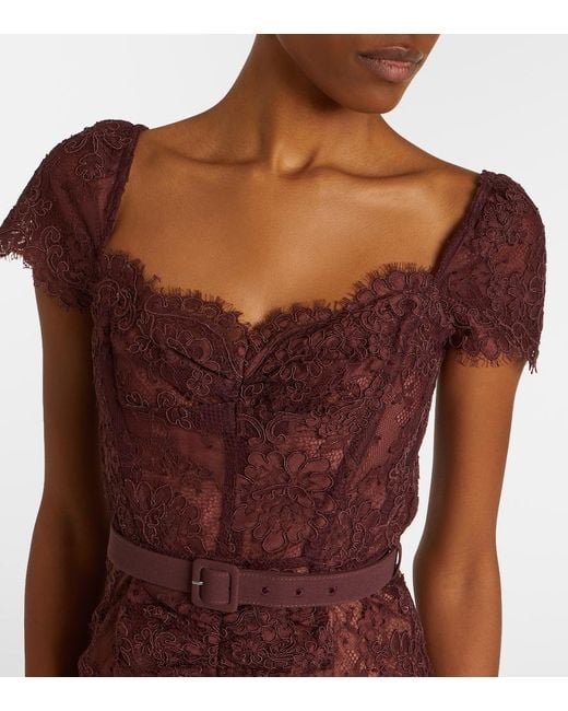 Self-Portrait Purple Belted Floral Lace Midi Dress