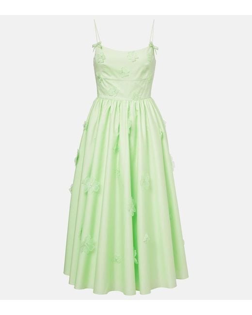 Self-Portrait Green Floral-Applique Cotton Poplin Midi Dress