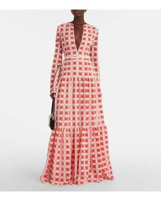 Giambattista Valli Red Belted Lace Maxi Dress