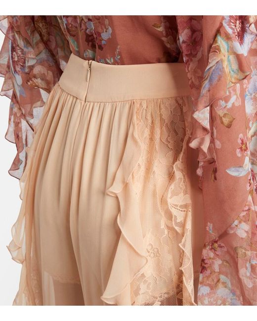Zimmermann Natural Rebellion Splice Ruffled Silk Tapered Pants