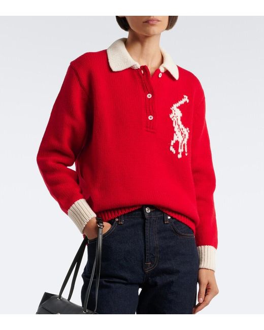 Polo Ralph Lauren Red Big Pony Intarsia Wool Polo Sweater