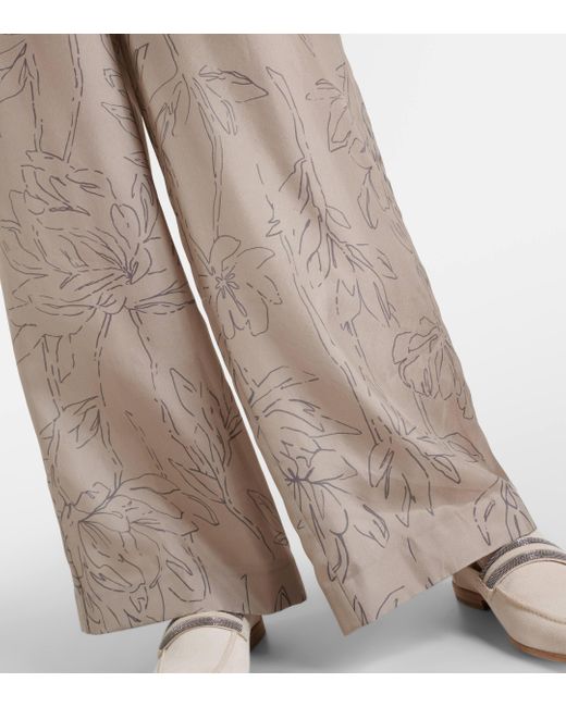 Brunello Cucinelli Gray Floral Silk Wide-leg Pants