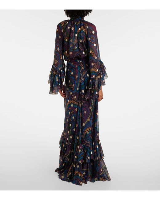 Falda Larga De Seda Con Paisley Y Volantes Etro de color Blue