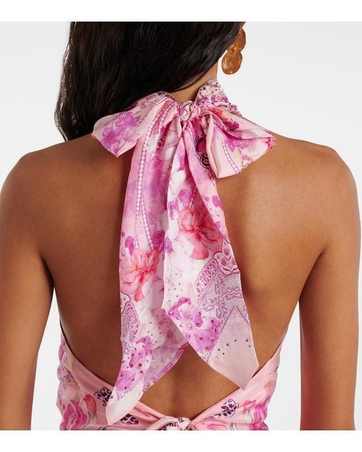 Camilla Pink Floral Embellished Silk Halterneck Top