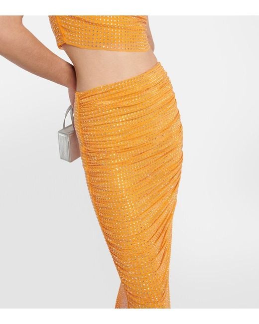 Self-Portrait Orange Embellished Ruched Midi Skirt