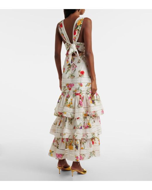 Camilla White Floral Tiered Cotton And Silk Maxi Dress