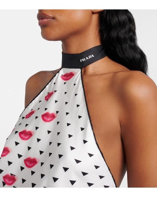 Prada White Printed Silk Twill Halterneck Top
