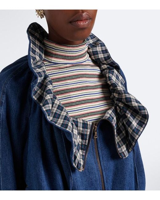 Dries Van Noten Blue Checked Ruffled Denim Jacket
