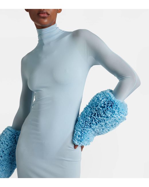 Alaïa Blue Ruffled Turtleneck Maxi Dress