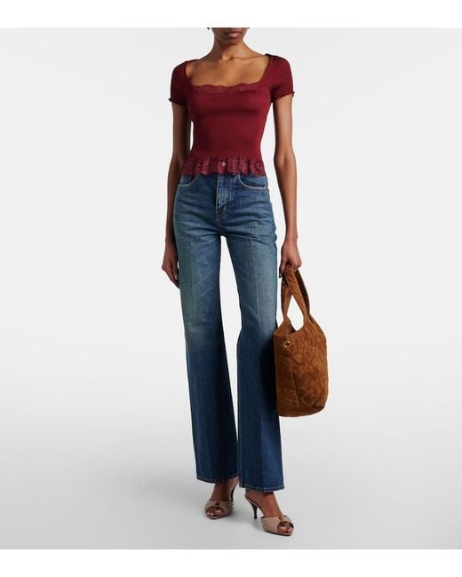 Saint Laurent Red Cropped Leavers Lace-Trimmed Ribbed Silk-Jersey Top