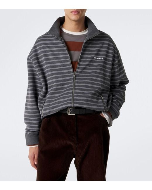 Miu Miu Gray Striped Oversized Cotton Fleece Sweatshirt for men