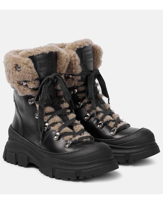 Brunello Cucinelli Black Schnuerstiefel Aus Leder Mit Shearling