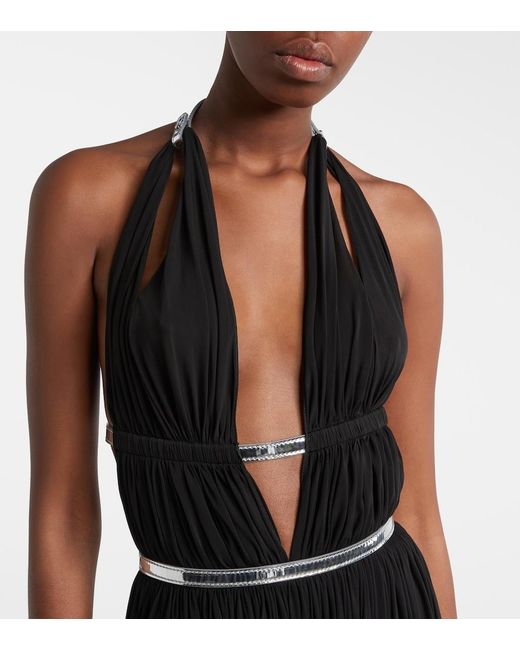 Alaïa Black Leather-Trimmed Draped Gown