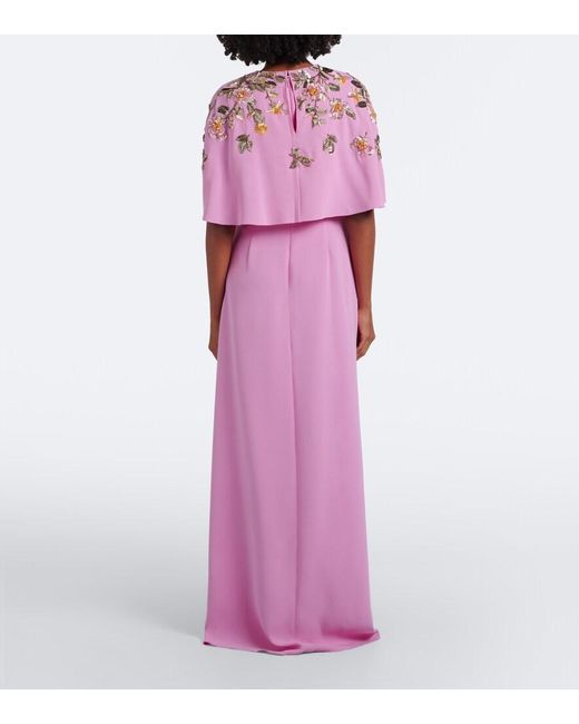 Oscar de la Renta Pink Caped Floral Silk-Blend Georgette Gown