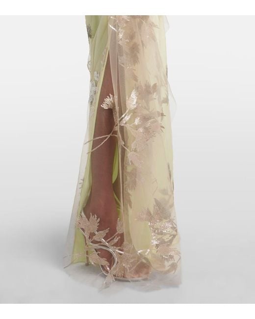 Erdem Green Sequined Draped Cady And Tulle Gown