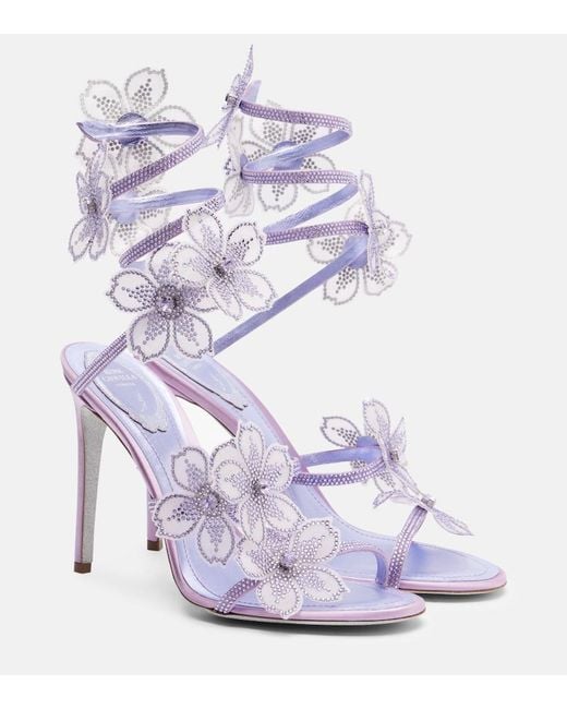 Rene Caovilla Purple Floriane Floral-Applique Satin Sandals