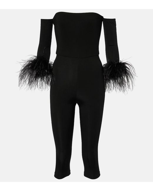 The New Arrivals Ilkyaz Ozel Black Feather-Trimmed Off-Shoulder Jumpsuit