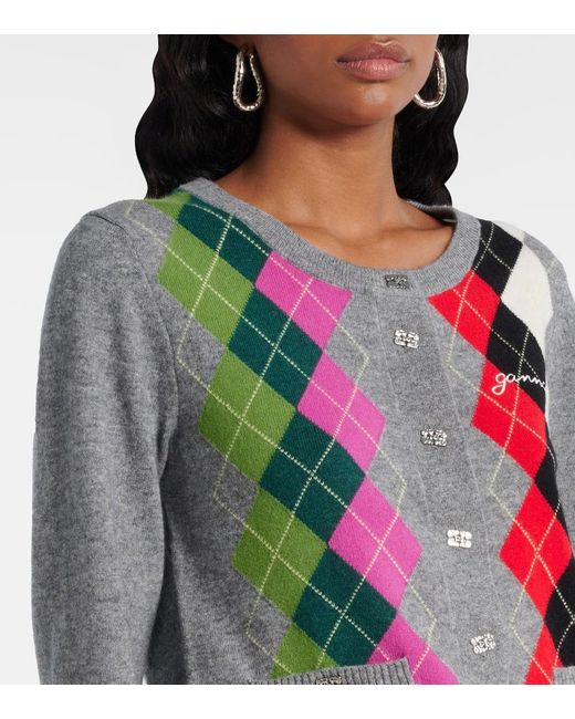 Ganni Pink Argyle Wool And Cashmere Cardigan