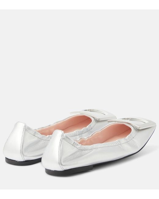 Roger Vivier White Viv' Pockette Metallic Leather Ballet Flats