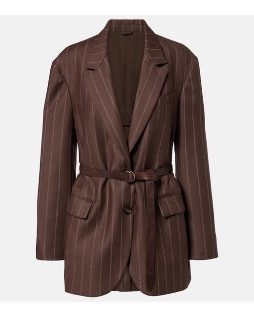 Brunello Cucinelli Brown Belted Pinstriped Virgin Wool Blazer