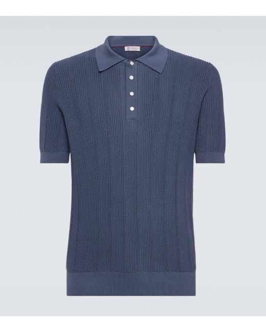 Brunello Cucinelli Blue Ribbed-knit Cotton Polo Shirt for men