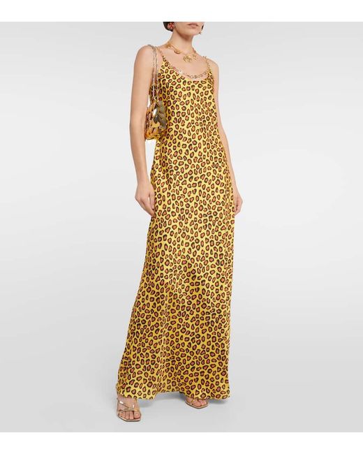 Rabanne Metallic Chain-Detail Leopard-Print Satin Slip Dress
