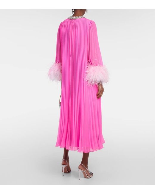 Self-Portrait Feather-Trimmed Chiffon Midi Dress in Pink | Lyst