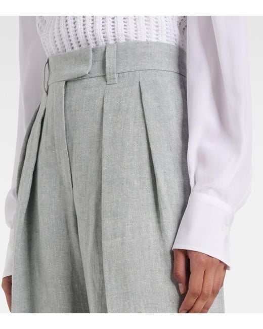 Brunello Cucinelli Gray Linen-Blend Wide-Leg Pants