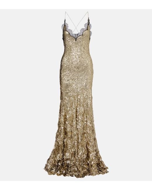 Roberto Cavalli Natural Lace-Trimmed Silk-Blend Gown