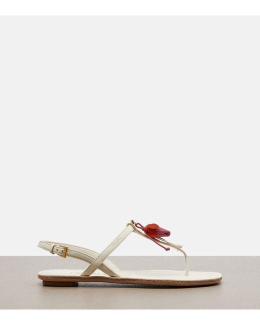 Prada White Floral-Applique Leather Thong Sandals