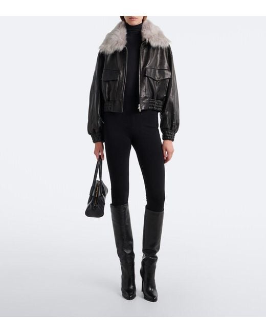 Nour Hammour Black Shearling-Trimmed Leather Blouson Jacket