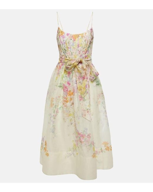 Zimmermann Natura Floral Linen And Silk Midi Dress in Natural | Lyst