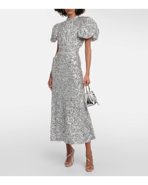 ROTATE BIRGER CHRISTENSEN Gray Puff-sleeve Sequined Midi Dress