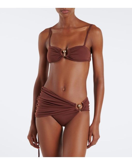 Christopher Esber Brown Embellished Ruched Bikini Top