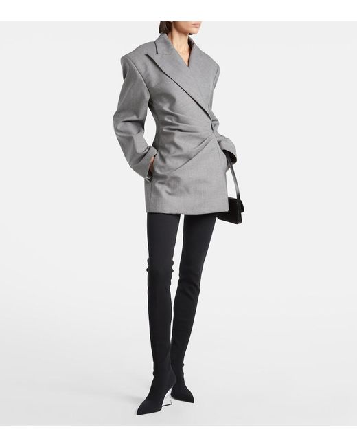 Balmain Gray Draped Virgin Wool Blazer Dress