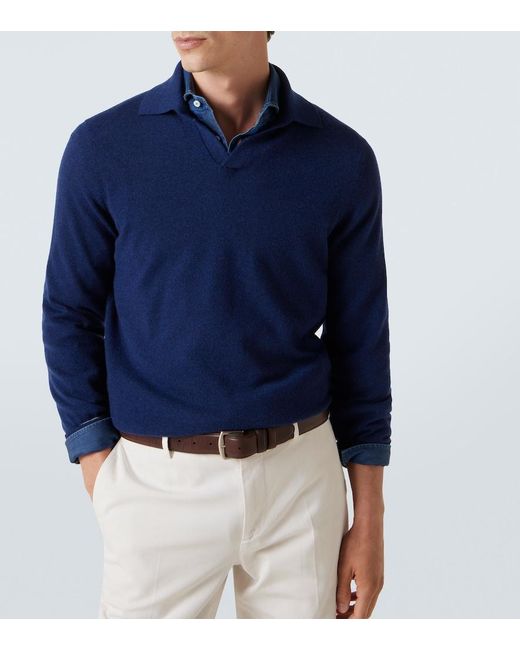 Brunello Cucinelli Blue Cashmere Polo Sweater for men