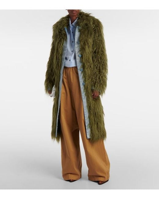 Dries Van Noten Green Rangel Faux Fur-Trimmed Denim Coat
