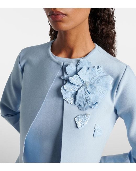 Oscar de la Renta Blue Cropped Floral-Applique Sequined Jacket