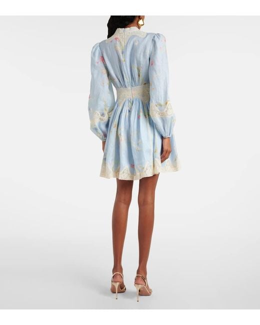 Zimmermann Lucky Linen & Lace Plunge Mini Dress in Blue | Lyst Canada