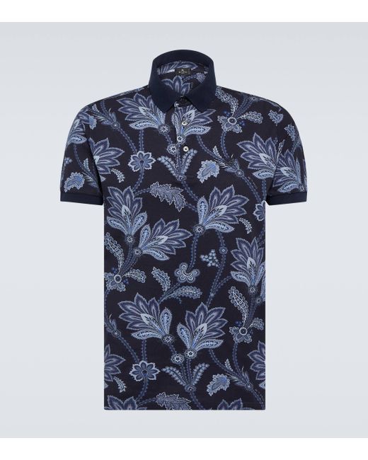 Etro Blue Printed Cotton Pique Polo Shirt for men
