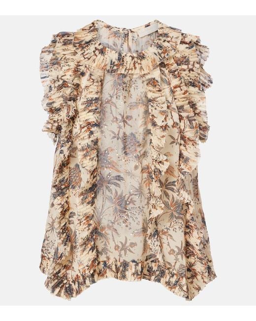 Ulla Johnson Natural Sabra Printed Silk-Blend Chiffon Top