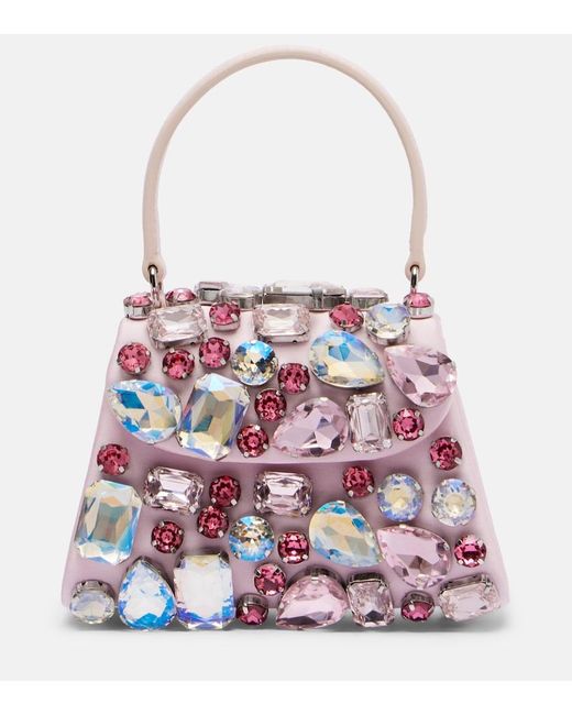 Self-Portrait White Mini Embellished Satin Top-Handle Bag