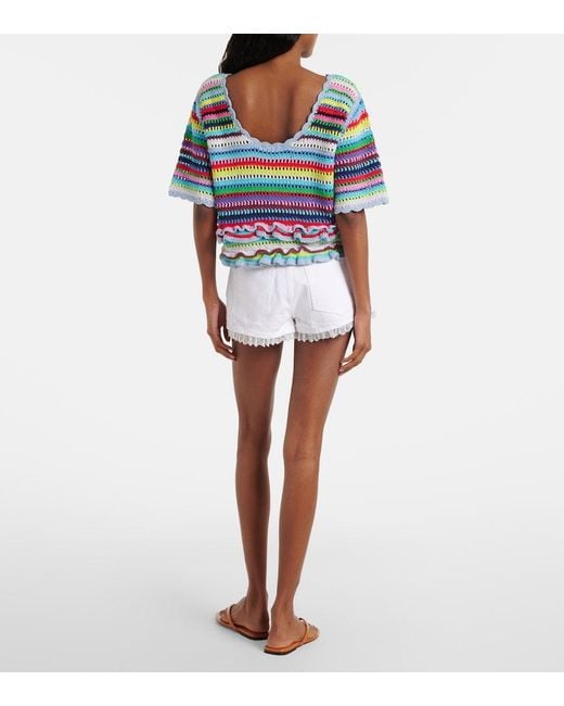 Ganni White Lace-Trimmed Denim Shorts