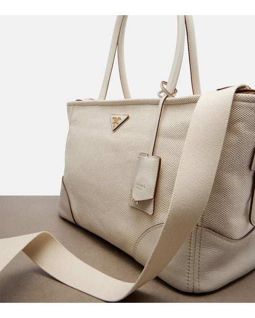 Prada White Large Leather-Trimmed Canvas Tote Bag
