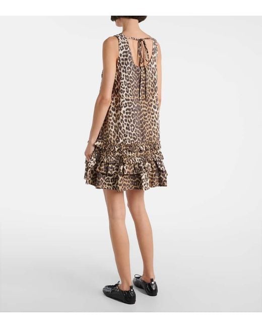 Ganni Brown Bedrucktes Minikleid Aus Baumwollpopeline